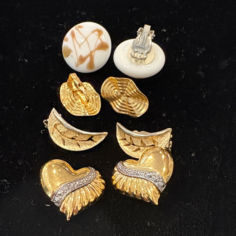 Gold Tone Heart and Leaf Clip-On Earring Set - White Accent